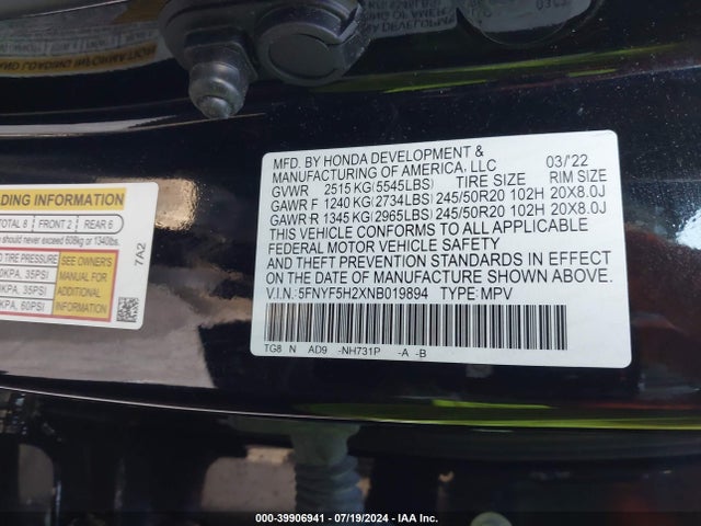 Honda Pilot 2wd Special Edition 2022 5FNYF5H2XNB019894 Image 9