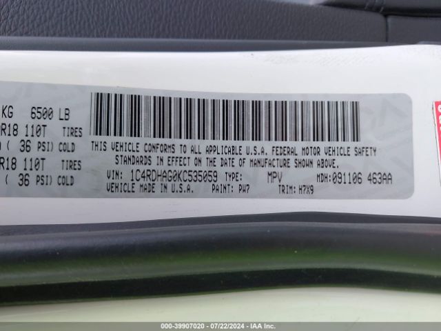 1C4RDHAG0KC535059 Dodge Durango Sxt Rwd