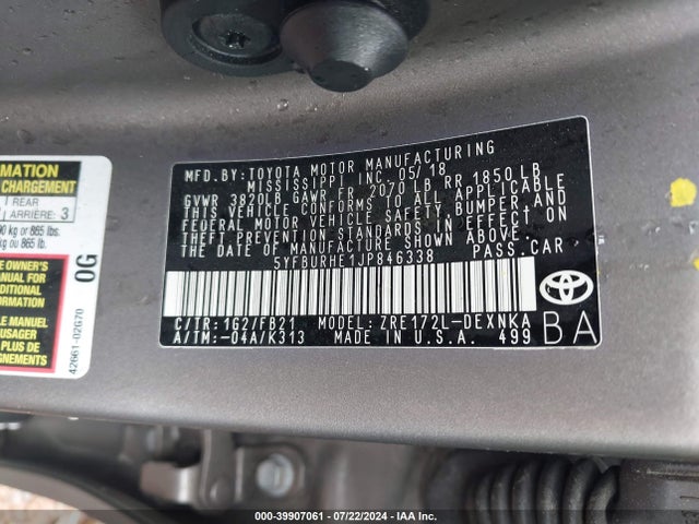 Toyota COROLLA LE 2018 5YFBURHE1JP846338 Image 9