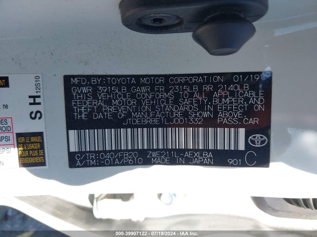 Toyota Corolla Hybrid Le 2020 JTDEBRBE1LJ001332 Image 9