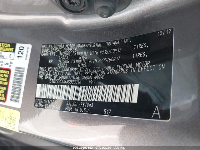 Toyota Sienna Xle 8 Passenger 2018 5TDYZ3DC8JS909018 Image 9