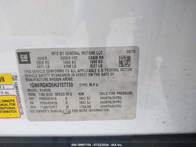 1GNKRGKD5HJ107730 Chevrolet Traverse 1lt