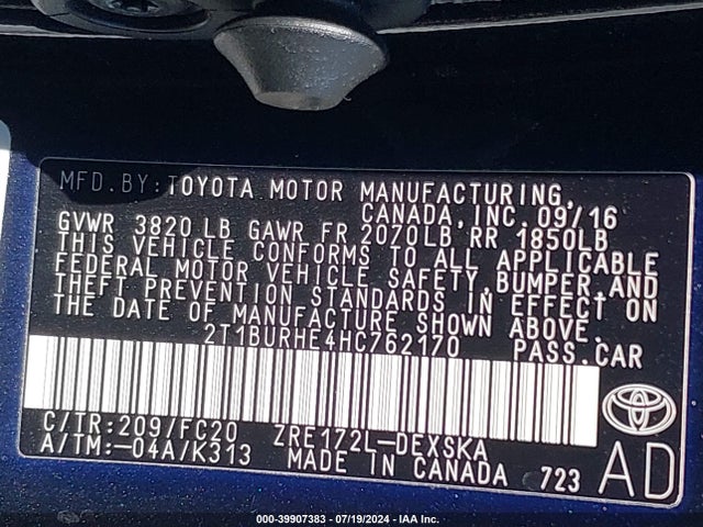 2T1BURHE4HC762170 Toyota COROLLA SE