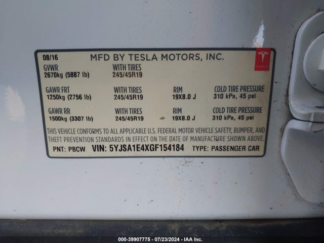 Tesla Model S 90d/p100d/p85d/p90d 2016 5YJSA1E4XGF154184 Image 9
