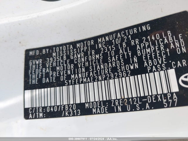 Toyota COROLLA LE 2022 5YFEPMAE2NP292962 Image 9
