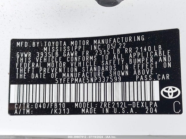 Toyota COROLLA LE 2022 5YFEPMAE5NP337599 Image 9