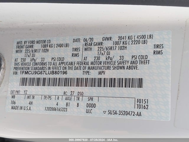Ford ESCAPE SE 2020 1FMCU9G67LUB80196 Image 9