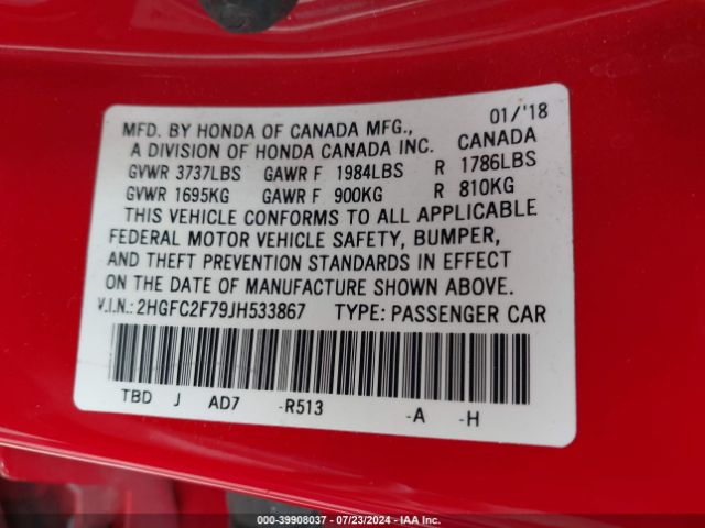2HGFC2F79JH533867 Honda CIVIC EX