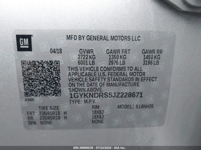 1GYKNDRS5JZ228671 Cadillac XT5 LUXURY