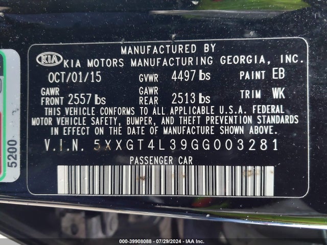 KIA Optima Lx 2016 5XXGT4L39GG003281 Image 9