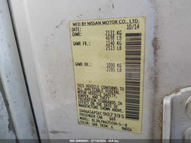 Nissan Maxima 3.5 Sv 2014 1N4AA5AP5EC907395 Image 9