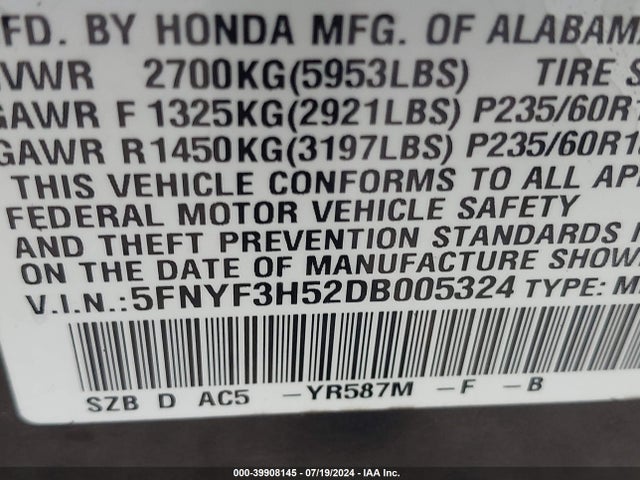 Продаж на аукціоні авто 2013 Honda Pilot Ex-l, vin: 5FNYF3H52DB005324, номер лоту: 39908145