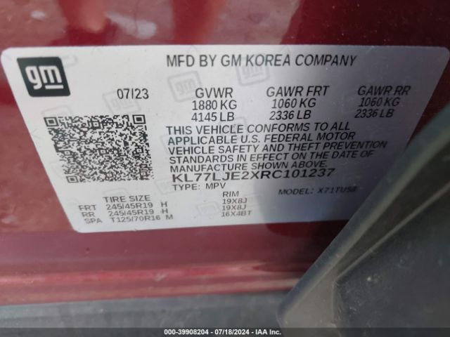 KL77LJE2XRC101237 Chevrolet Trax Fwd 2rs
