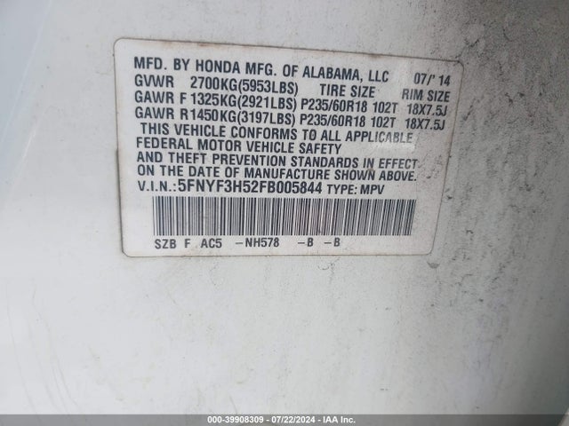 Honda Pilot Ex-l 2015 5FNYF3H52FB005844 Image 9