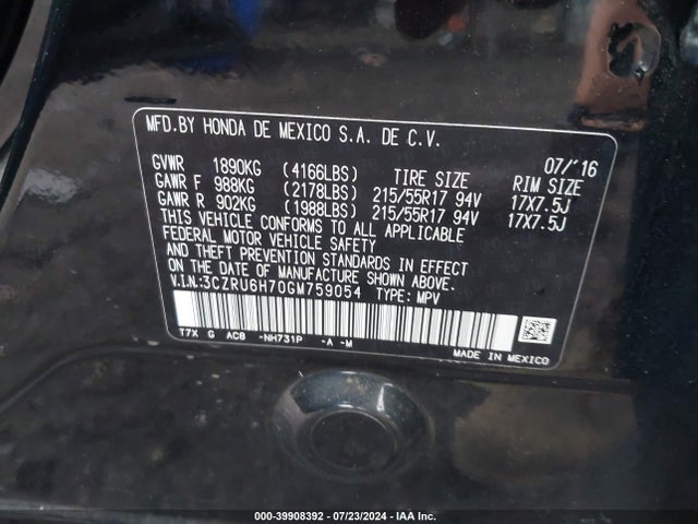 Honda Hr-v Ex-l 2016 3CZRU6H70GM759054 Image 9