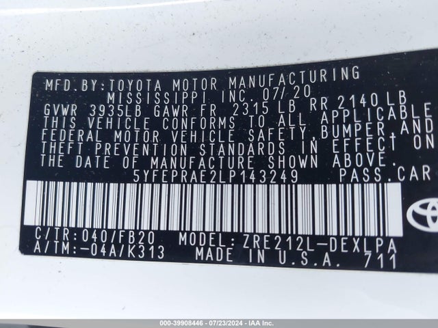 Toyota COROLLA LE 2020 5YFEPRAE2LP143249 Image 9