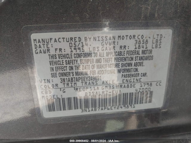 Продаж на аукціоні авто 2014 Nissan Sentra Sr, vin: 3N1AB7AP6EY249891, номер лоту: 39908452