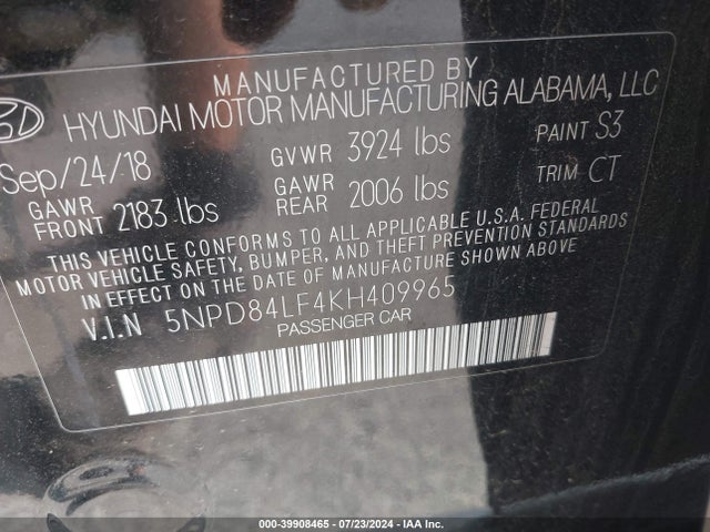 Hyundai ELANTRA SEL 2019 5NPD84LF4KH409965 Image 9