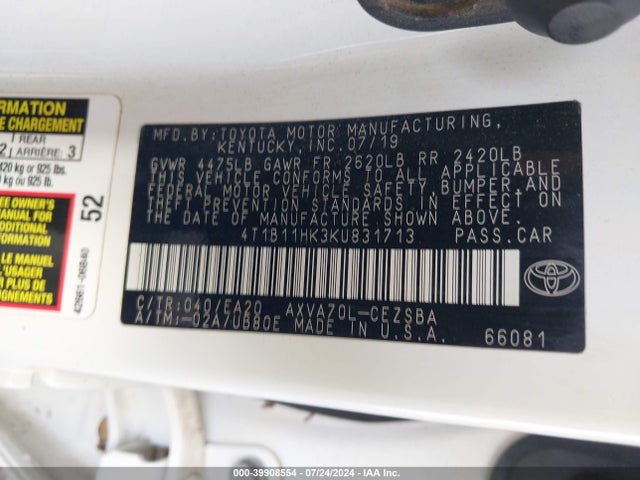 Toyota CAMRY SE 2019 4T1B11HK3KU831713 Image 9