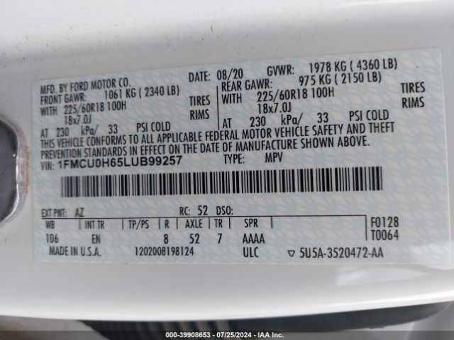 1FMCU0H65LUB99257 Ford ESCAPE SEL