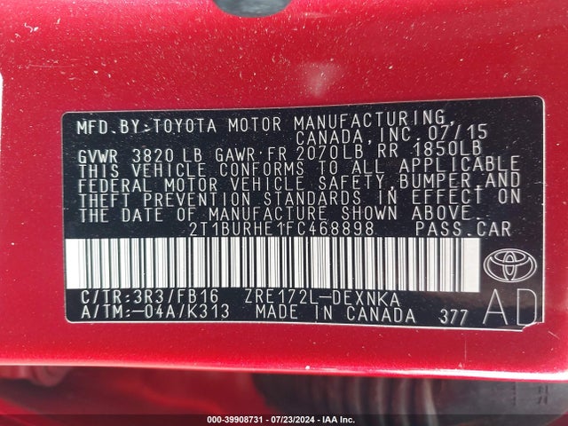Toyota COROLLA LE 2015 2T1BURHE1FC468898 Image 9