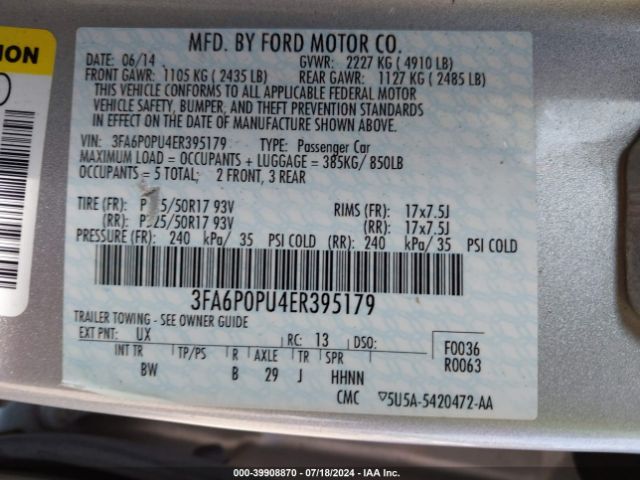 3FA6P0PU4ER395179 Ford Fusion Energi Se Luxury
