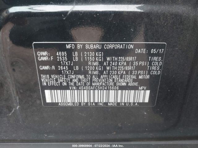 4S4BSAFC5H3415606 Subaru Outback 2.5i Premium