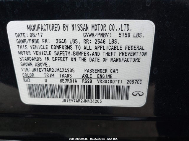 JN1EV7AR2JM434205 Infiniti Q50 3.0t Luxe