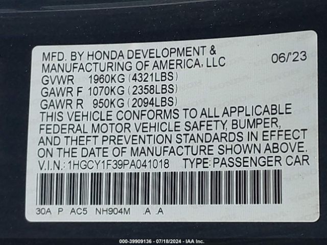 1HGCY1F39PA041018 Honda ACCORD EX