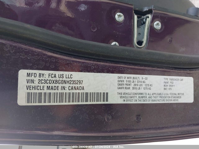 39909147 :رقم المزاد ، 2C3CDXBG0NH235297 vin ، 2022 Dodge Charger Sxt Rwd مزاد بيع