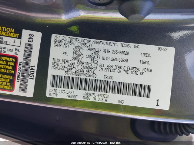 Toyota Tundra Platinum 2022 5TFNA5DB2NX056418 Image 9