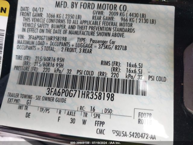3FA6P0G71HR358198 Ford FUSION S