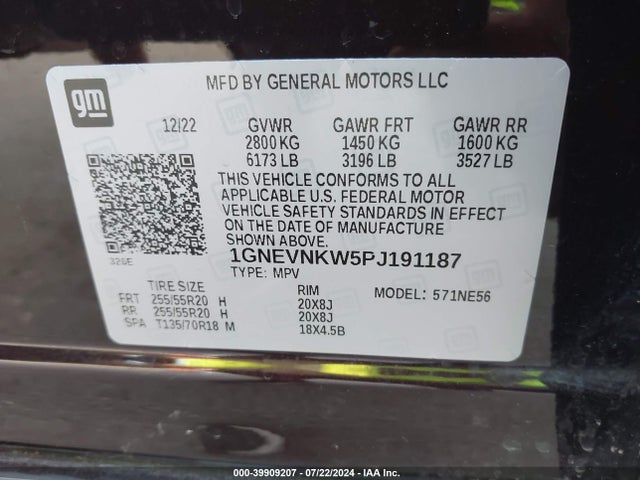 1GNEVNKW5PJ191187 Chevrolet Traverse Awd High Country