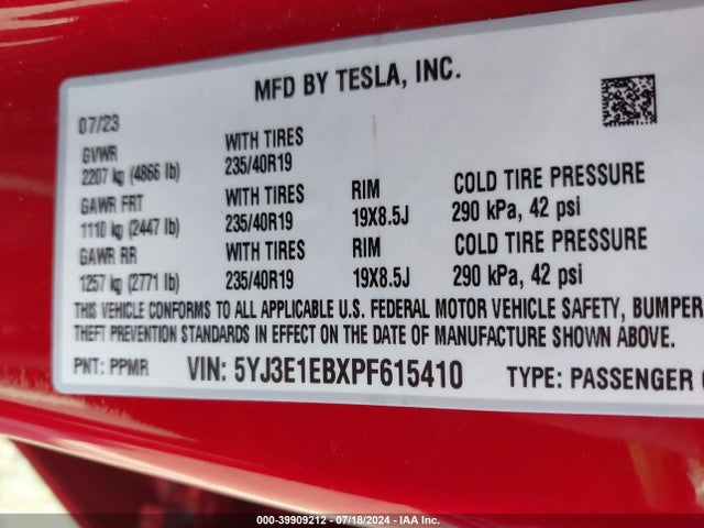 Tesla Model 3 Long Range Dual Motor All-wheel Drive 2023 5YJ3E1EBXPF615410 Image 9