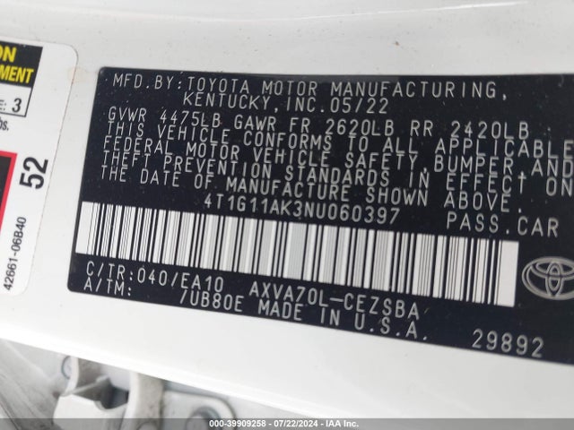 Toyota CAMRY SE 2022 4T1G11AK3NU060397 Image 9