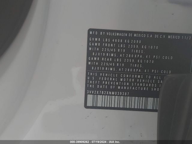 3VV2X7B2XNM039387 Volkswagen Taos 1.5t Sel