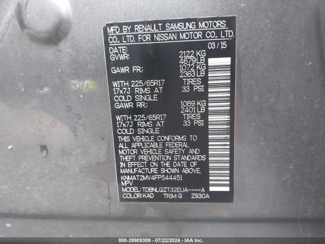Nissan ROGUE SV 2015 KNMAT2MV4FP544451 Image 9