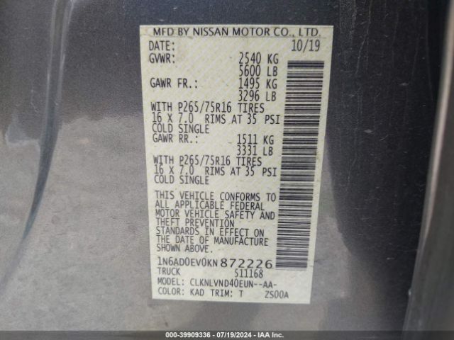 1N6AD0EV0KN872226 Nissan Frontier Pro-4x