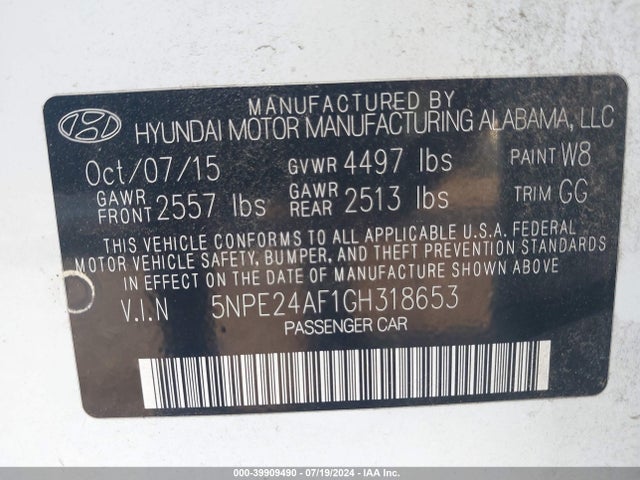 Hyundai SONATA SE 2016 5NPE24AF1GH318653 Image 9