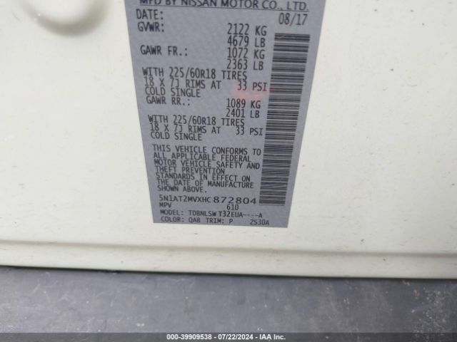 5N1AT2MVXHC872804 Nissan Rogue Sl