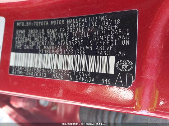 Toyota COROLLA LE 2018 2T1BURHE3JC091306 Image 9