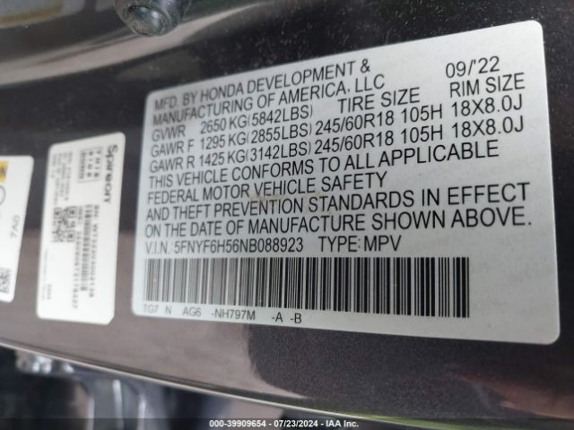 5FNYF6H56NB088923 Honda Pilot Awd Ex-l