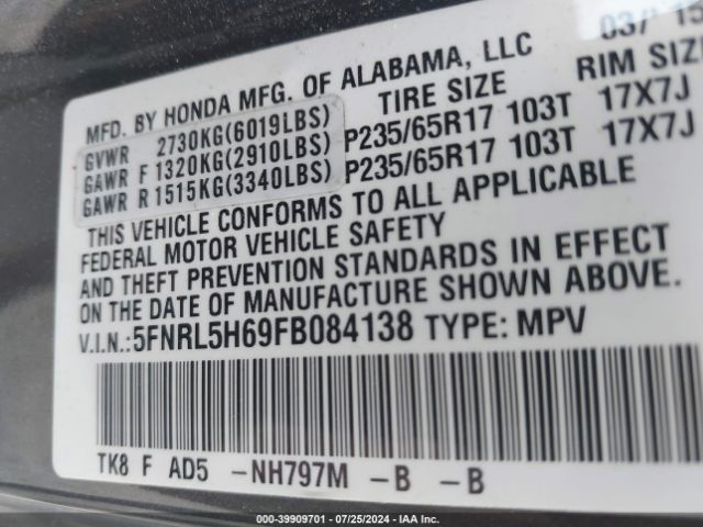 5FNRL5H69FB084138 Honda Odyssey Ex-l