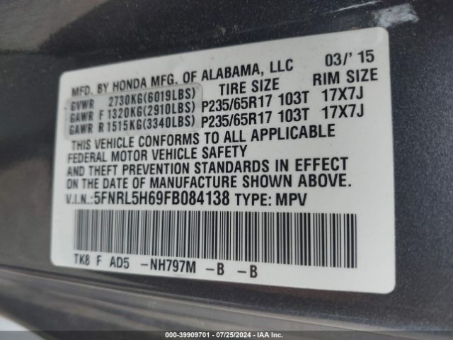 5FNRL5H69FB084138 Honda Odyssey Ex-l