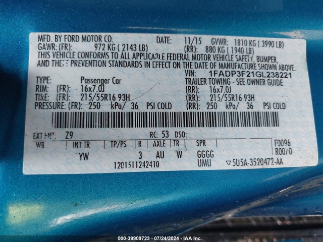 Ford FOCUS SE 2016 1FADP3F21GL238221 Image 9