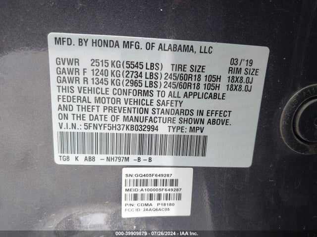 Honda Pilot Ex 2019 5FNYF5H37KB032994 Image 9