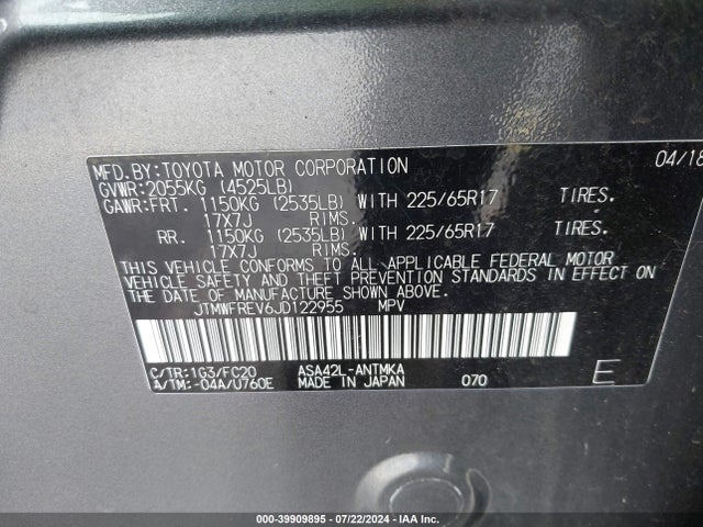 Toyota Rav4 Xle 2018 JTMWFREV6JD122955 Image 9