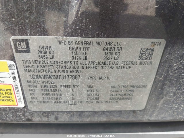 Chevrolet Traverse 1lt 2015 1GNKVGKD2FJ177887 Image 9