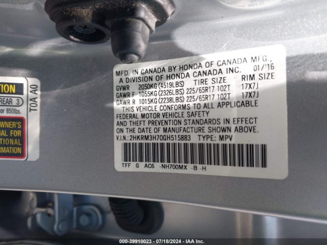 2HKRM3H70GH515883 Honda Cr-v Ex-l