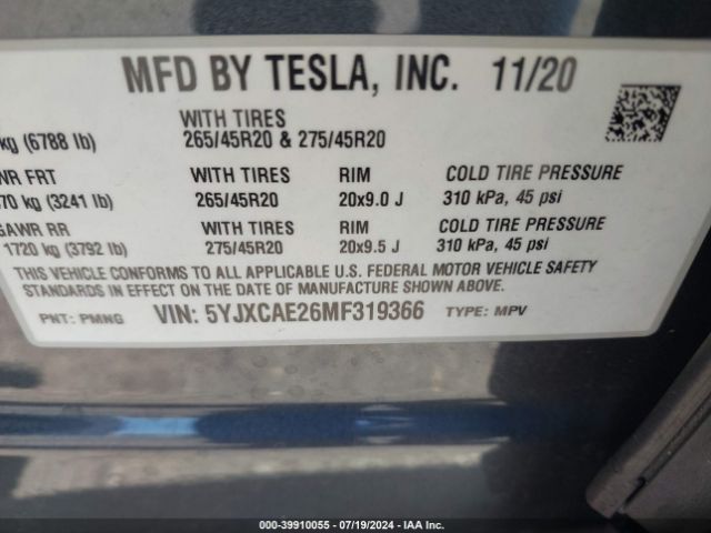 5YJXCAE26MF319366 Tesla Model X Long Range Dual Motor All-wheel Drive/long Range Plus Dual Motor All-wheel Drive